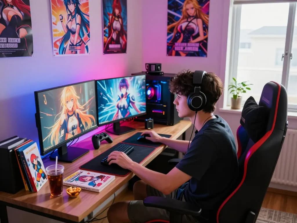 Engaging scene of a gamer playing hentai games in a vibrant, cozy setting.