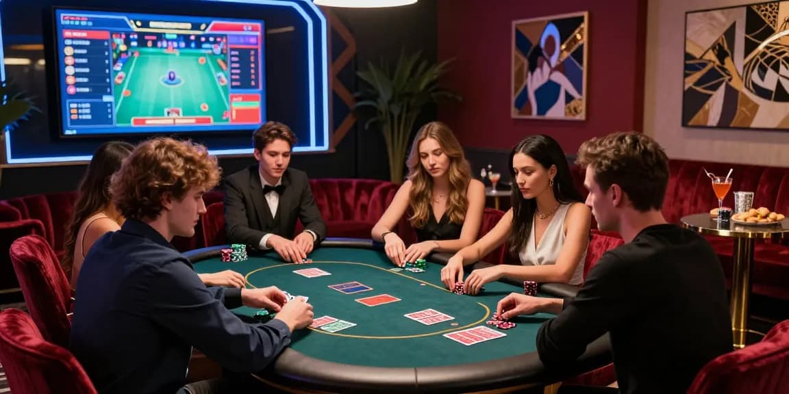 Exciting luxury gaming experience featuring young adults enjoying iwin games around a stylish table.