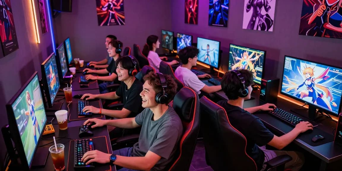 Exciting gaming lounge scene featuring players enjoying hentai games online, vibrant atmosphere with diverse friends gaming together.