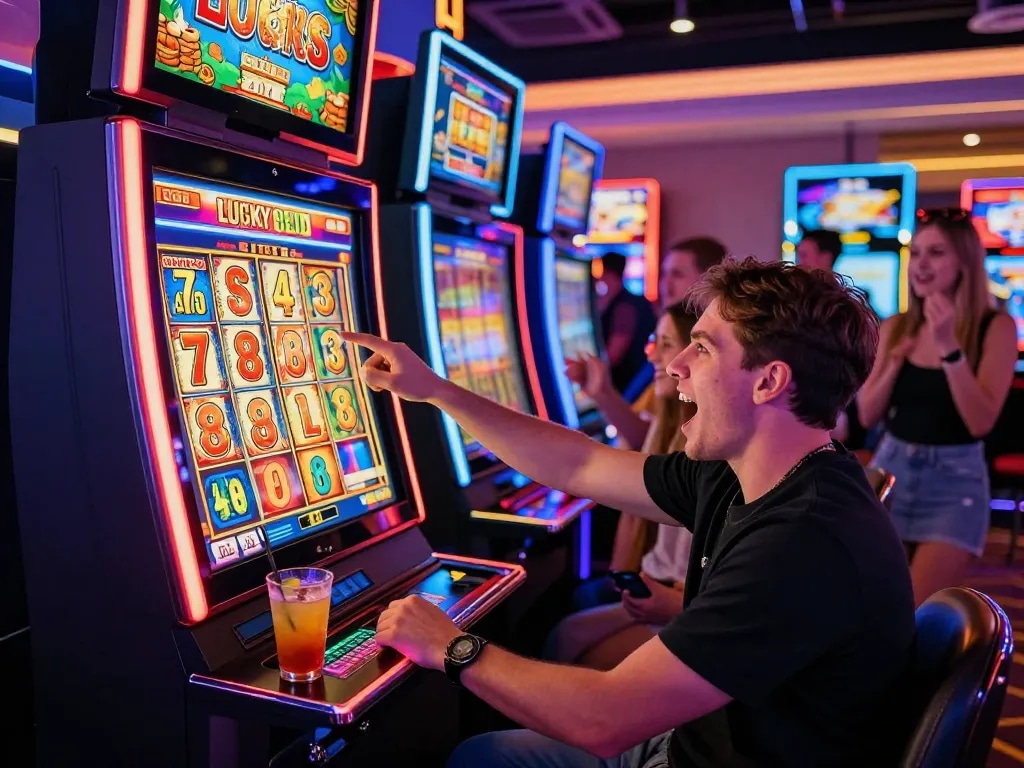 Player enjoying an exhilarating Lucky 88 slot game in a vibrant casino atmosphere.