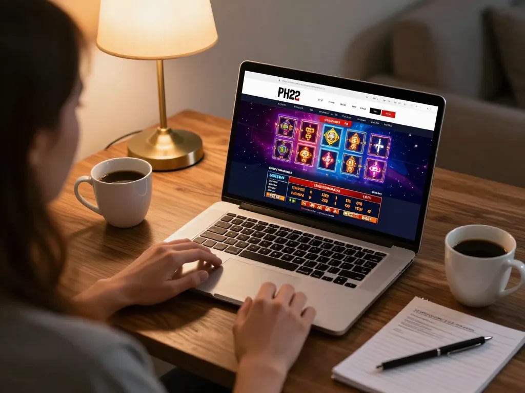 Engaging online gaming scene at https://ph22.net.ph/ showcasing immersive casino gameplay on a laptop with strategy notes.