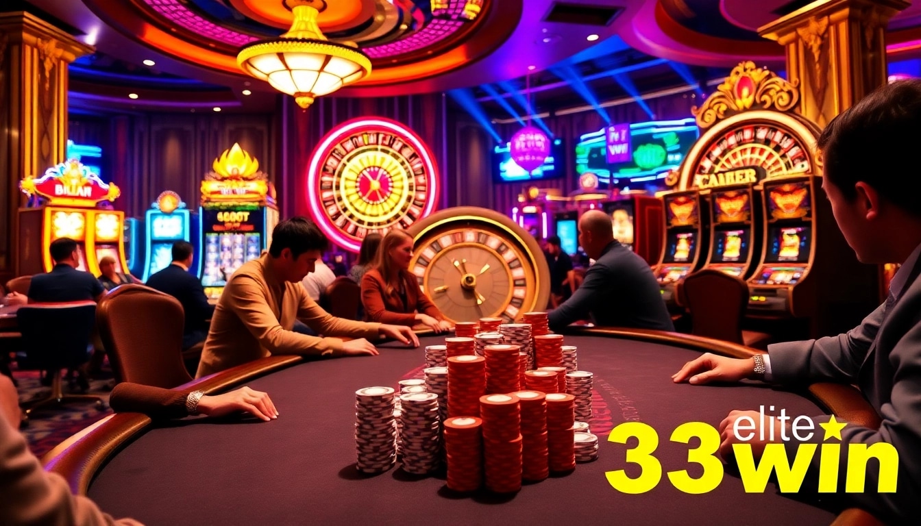 Players enjoy poker at a vibrant casino table showcasing 33win's thrilling atmosphere.