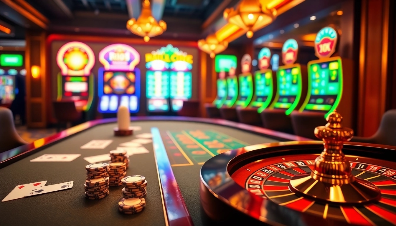 RR88 online gambling scene with poker chips and roulette wheel, showcasing excitement.