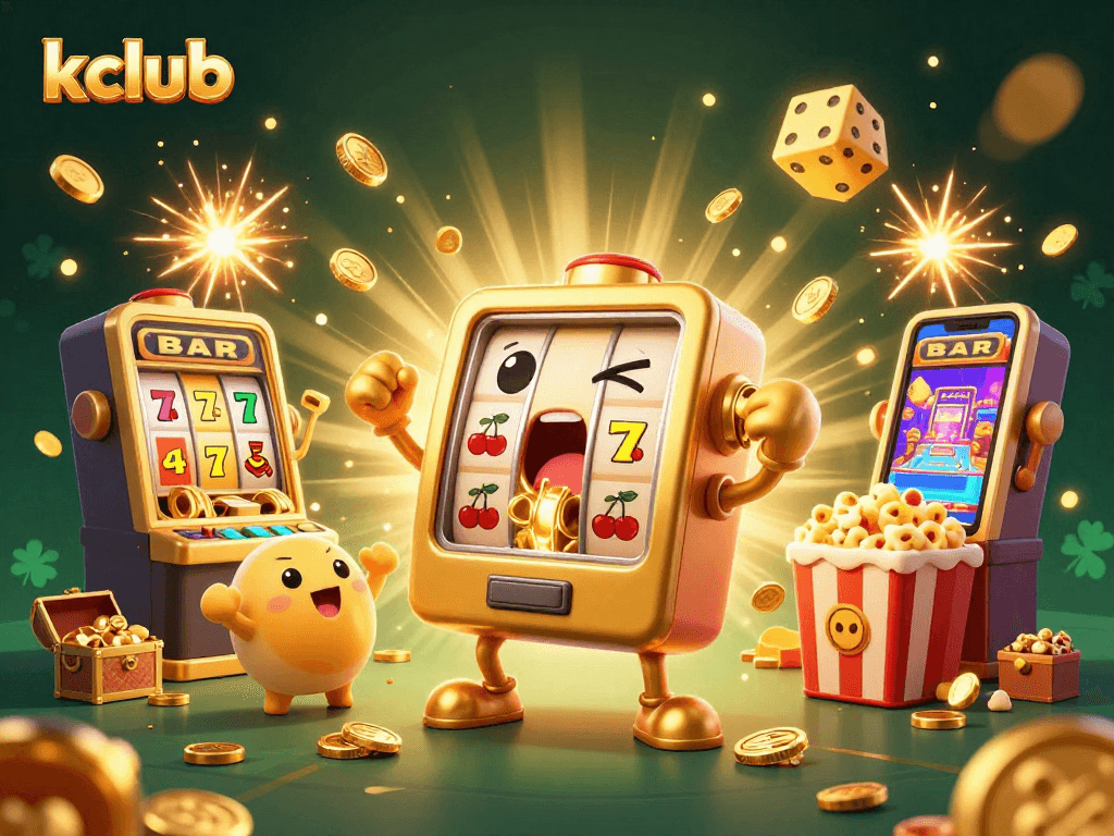 kclub jackpot celebration with a golden slot machine and cheering baby machines amidst a colorful casino background