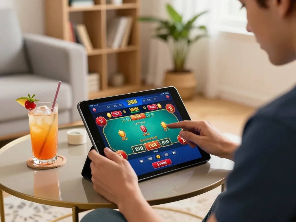 33WIN player engaging in a thrilling online gambling session, showcasing intuitive app gameplay.