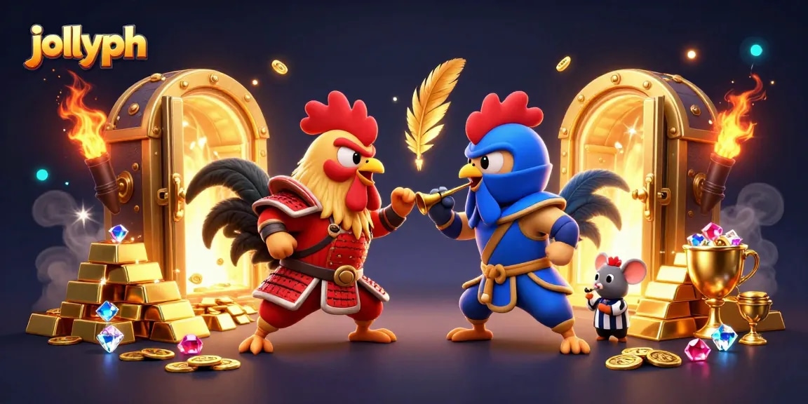 Experience the excitement of jollyph with dynamic action from fighting roosters among treasure and gems.