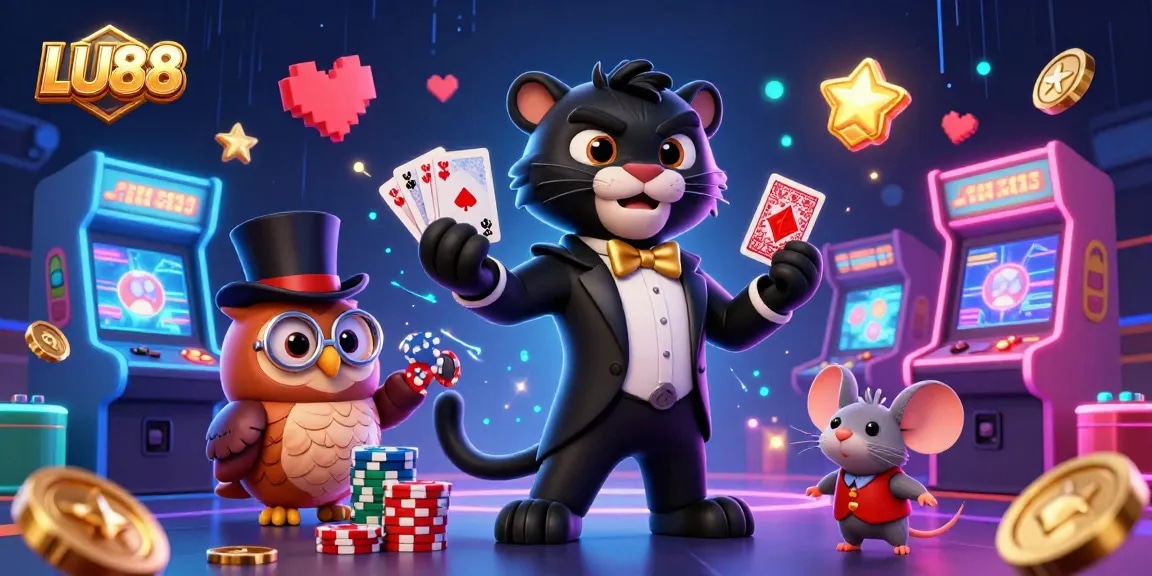 LU88 table game illustration showcasing a panther dealer with cards, an owl with poker chips, and casino elements.