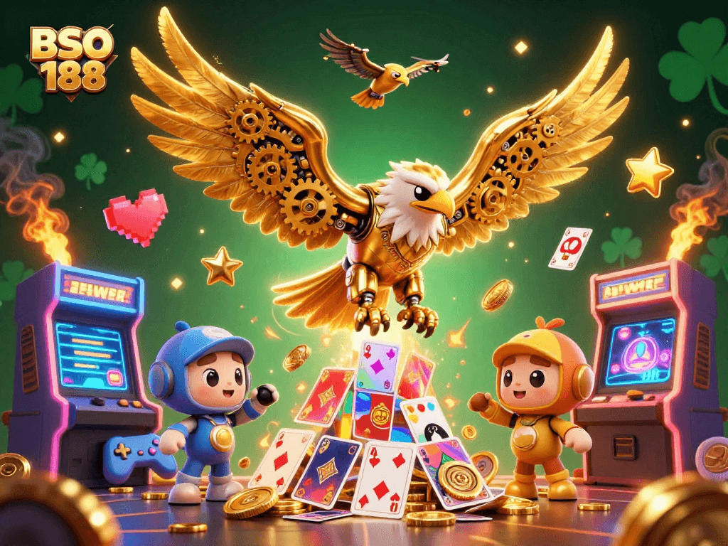 Engage with various games at BSO188 through an exciting casino-themed digital artwork.