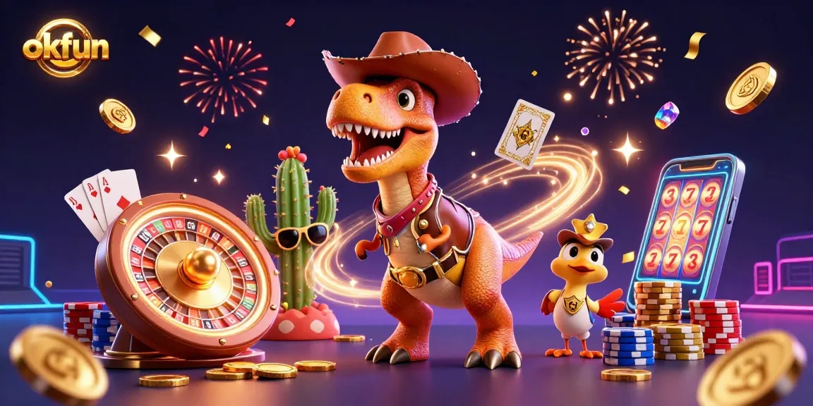 Engage in thrilling fun at okfun with a dynamic 3D casino scene filled with animated characters and vibrant gaming elements.