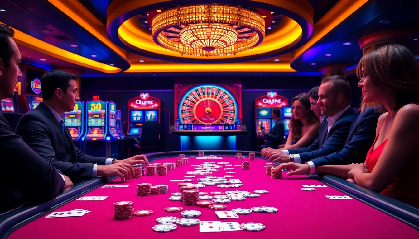 Players enjoying an exciting poker game at the 6FF casino, showcasing vibrant chips and cards.