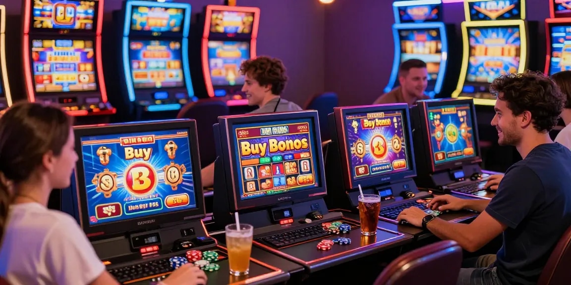 Engaging players enjoying bonus buy slots in a lively casino atmosphere.