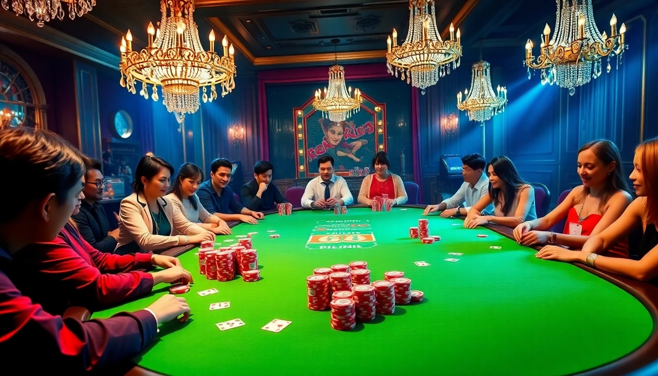 Players enjoying the thrilling Poker 68 game bài experience at a luxurious casino table.