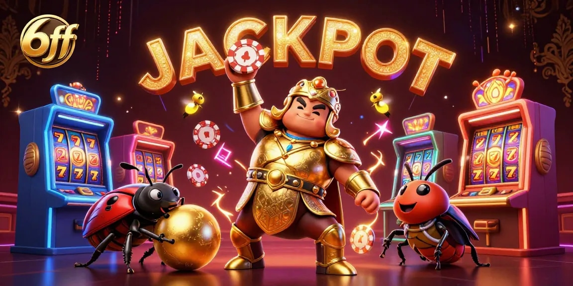 Engage with 6ff as cartoon beetles celebrate JACKPOT amid animated casino reels and vibrant gaming elements.