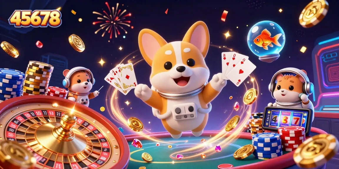 Experience thrilling casino games with 45678 in a vibrant floating space scene filled with sparkling treasures.