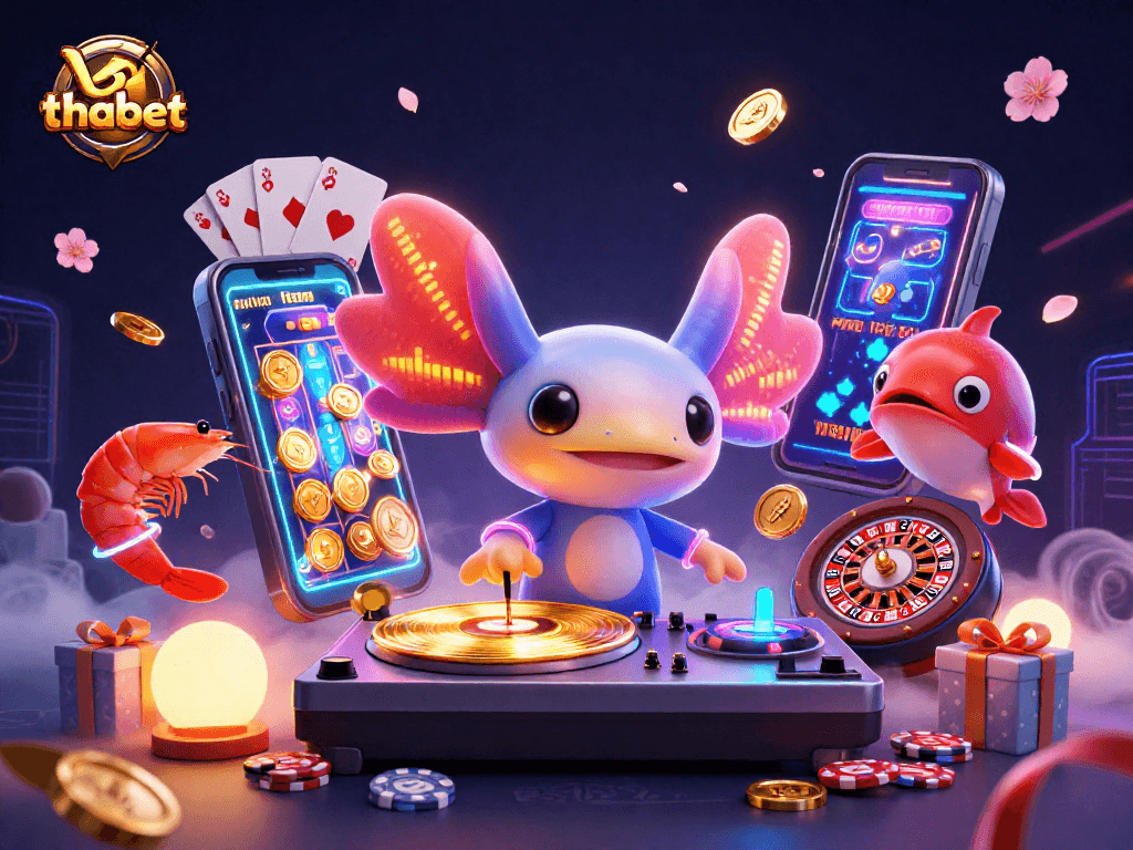 thabet casino scene with a neon axolotl DJ spinning, shrimp dancers, and dynamic slot game action.