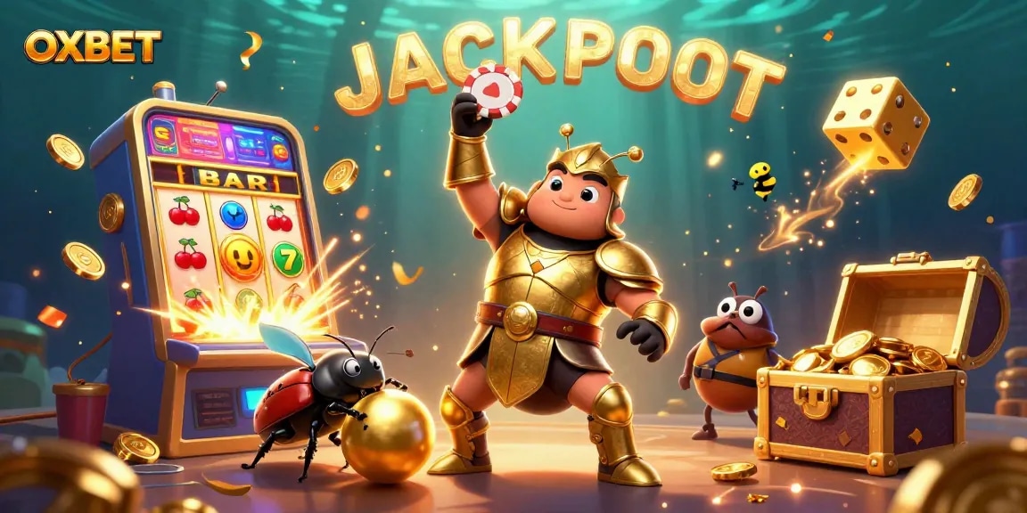 Experience the thrill of OXBET with a vibrant 3D casino scene featuring animated characters celebrating a jackpot.