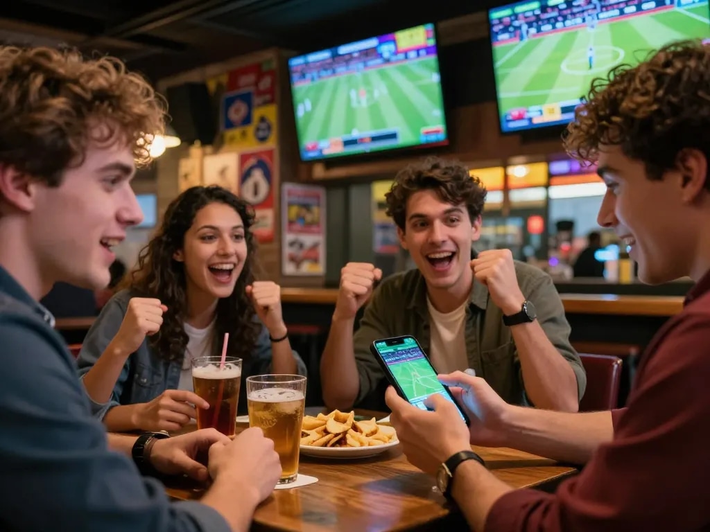 Sports betting excitement with friends analyzing kèo nhà cái 88 at a lively bar.