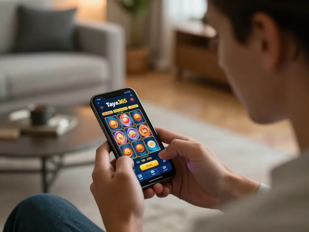 Engaging online gameplay on the Taya365 casino app with smartphone in stylish home setting