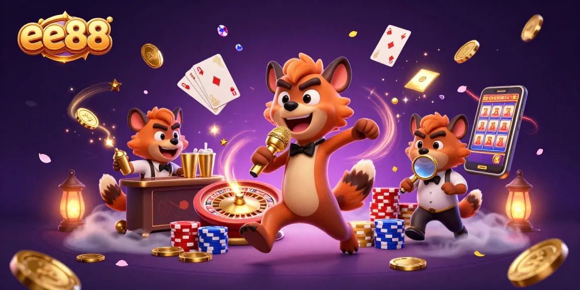 ee88 casino scene with hyenas performing comedy, mixing drinks, and checking IDs.