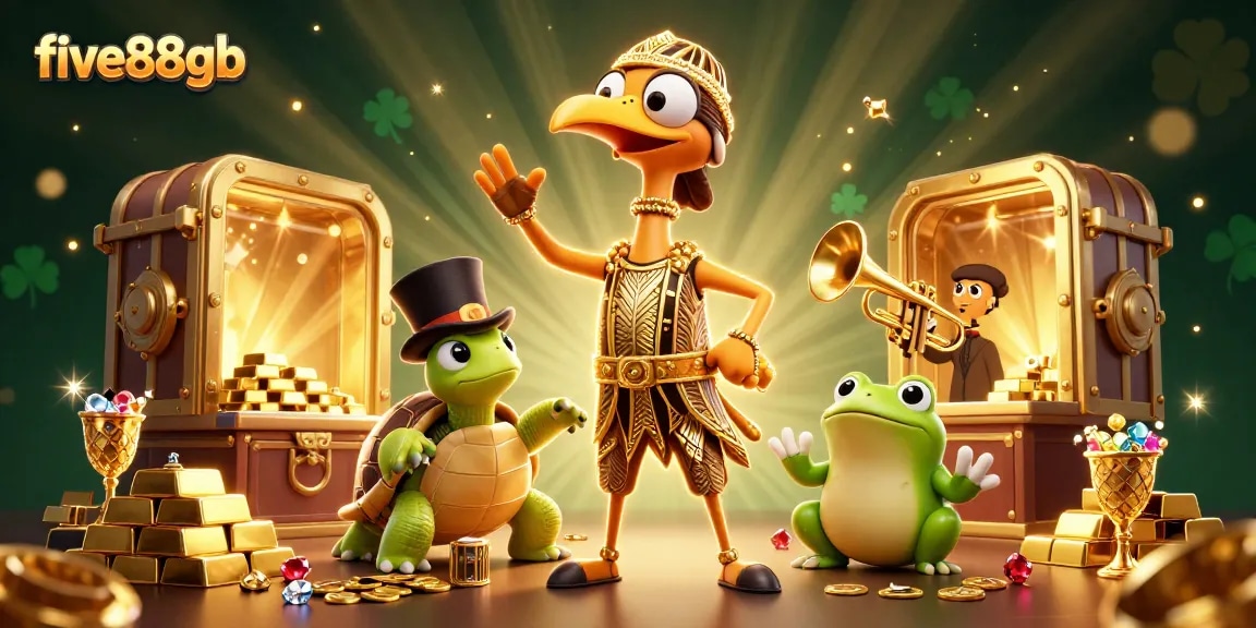Experience the excitement at five88gb with vibrant casino illustrations depicting golden treasures and lively characters.