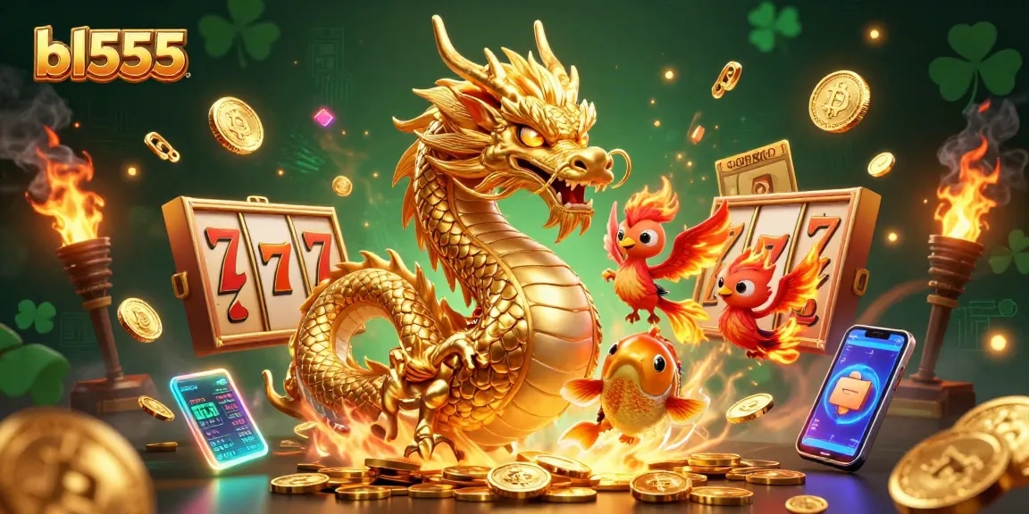 Experience the thrill of bl555 with a dynamic casino scene featuring a golden dragon, phoenix, and koi fish.