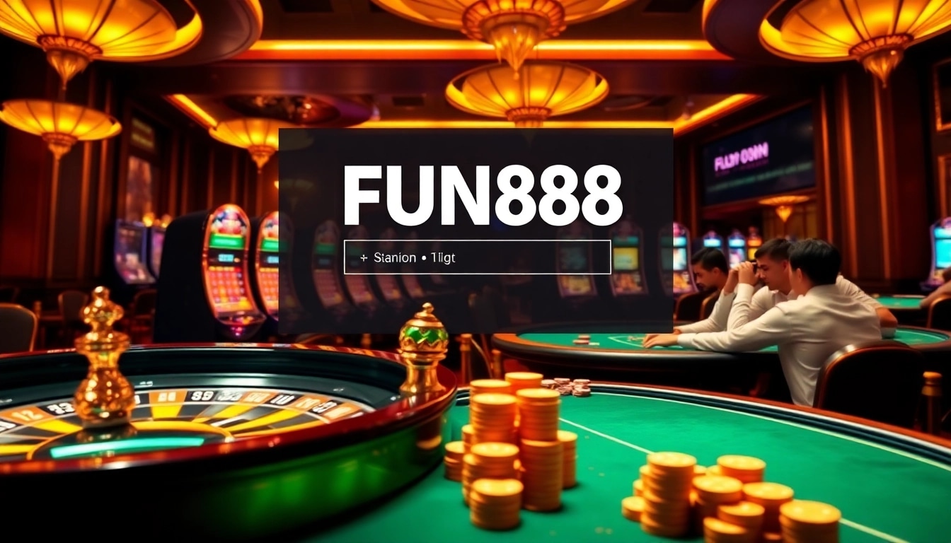 Exciting casino scene showcasing the FUN88 link with roulette and poker elements, evoking luxury.