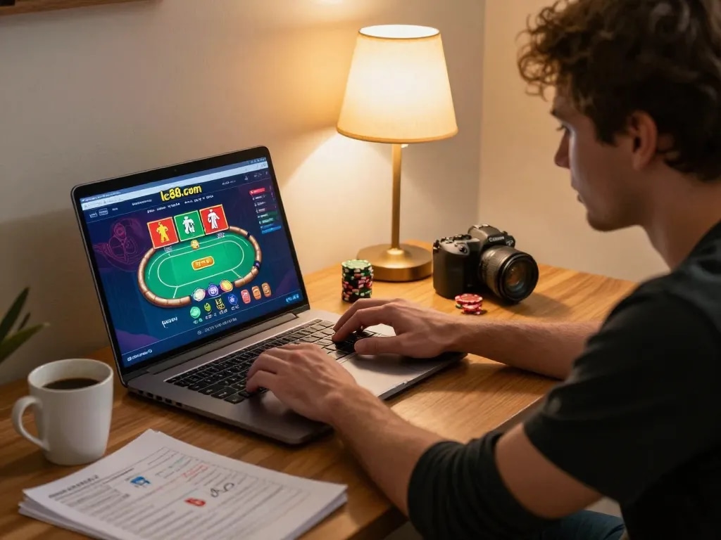 Player strategizing poker gameplay on lc88.com from home, laptop and betting notes visible.