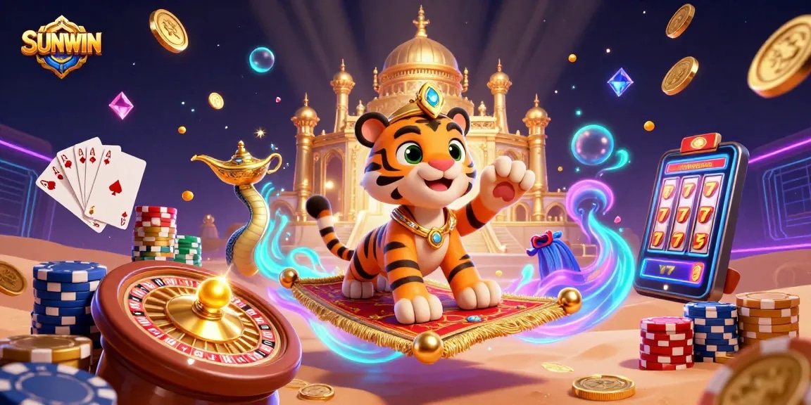SUNWIN players enjoy exciting casino games amidst golden coins and vibrant animations.