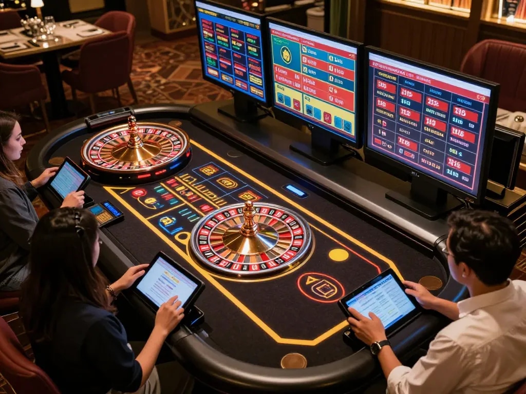 BL555 roulette game with players engaging on tablets, showcasing vibrant online casino atmosphere.