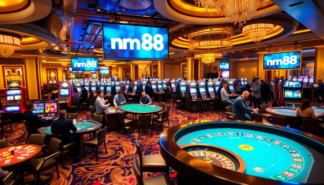 Players enjoying various games in a luxury casino setting with the mm88 link displayed prominently.