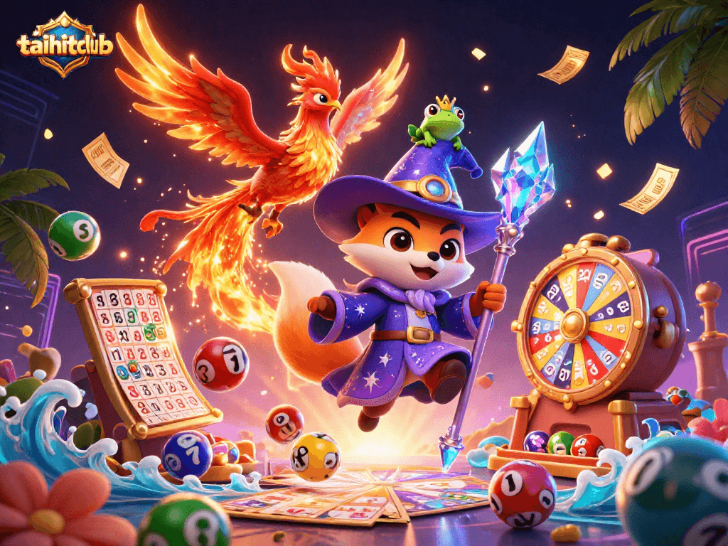 Win big with taihitclub featuring a mystical wizard and vibrant lottery elements.
