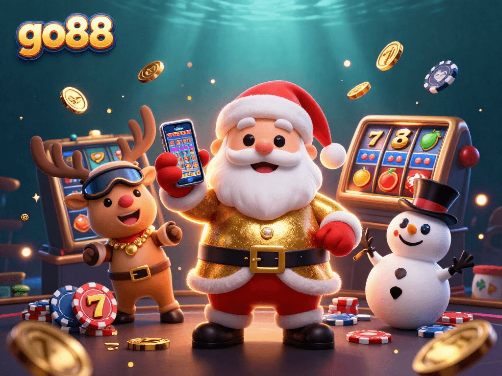Spin the go88 slots with festive characters including Santa, reindeer, and snowman in a dazzling casino