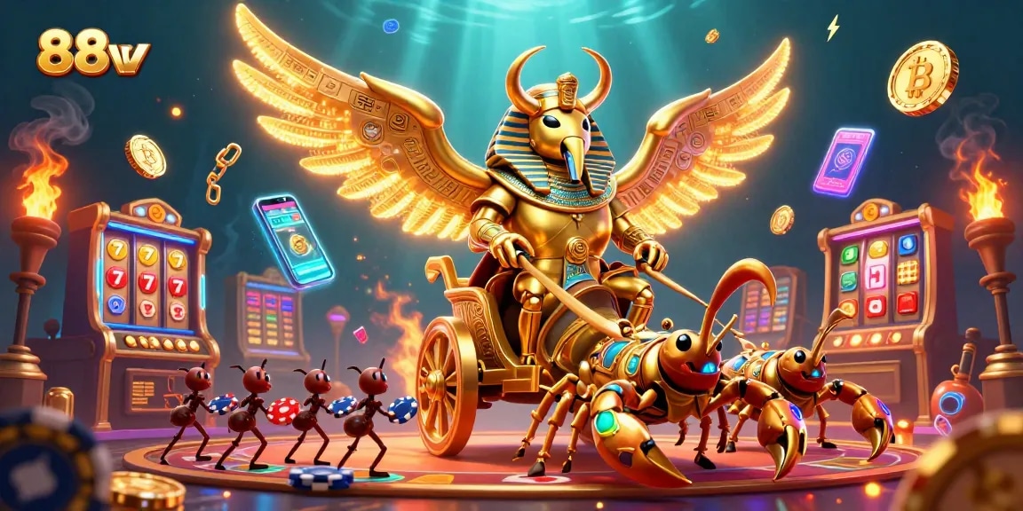 Engage with thrilling casino action using 88vv's vibrant 3D golden scarab beetle illustration.