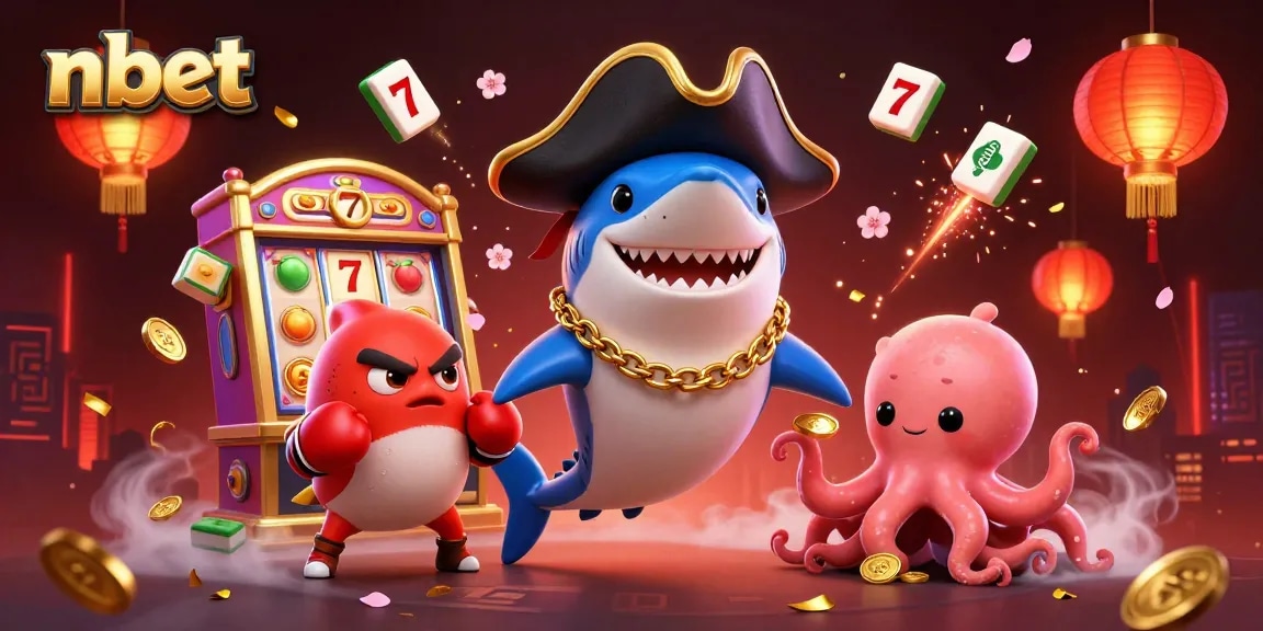 Immerse in nbet's vibrant casino scene with a pirate shark and friends, celebrating big wins!