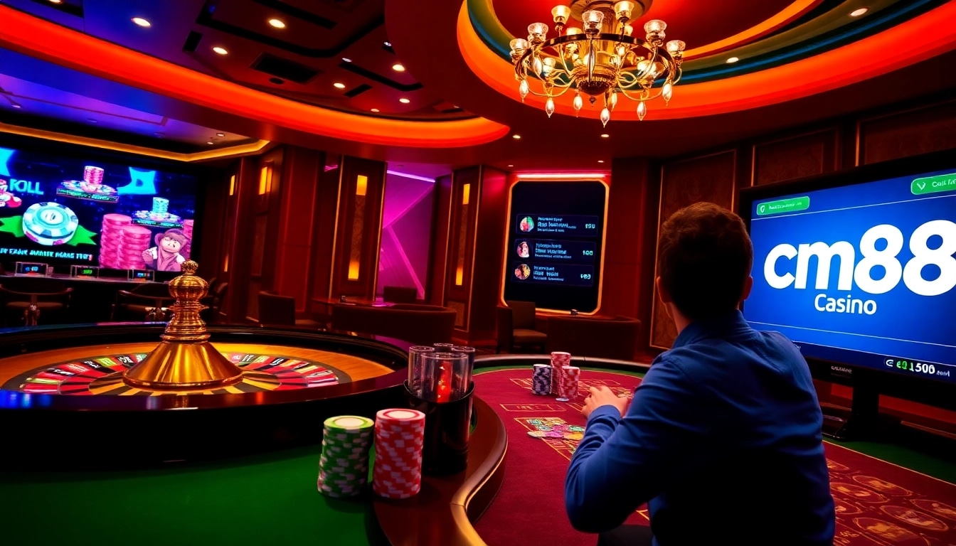 Experience the excitement of cm88 com with vibrant casino visuals featuring roulette and poker chips.