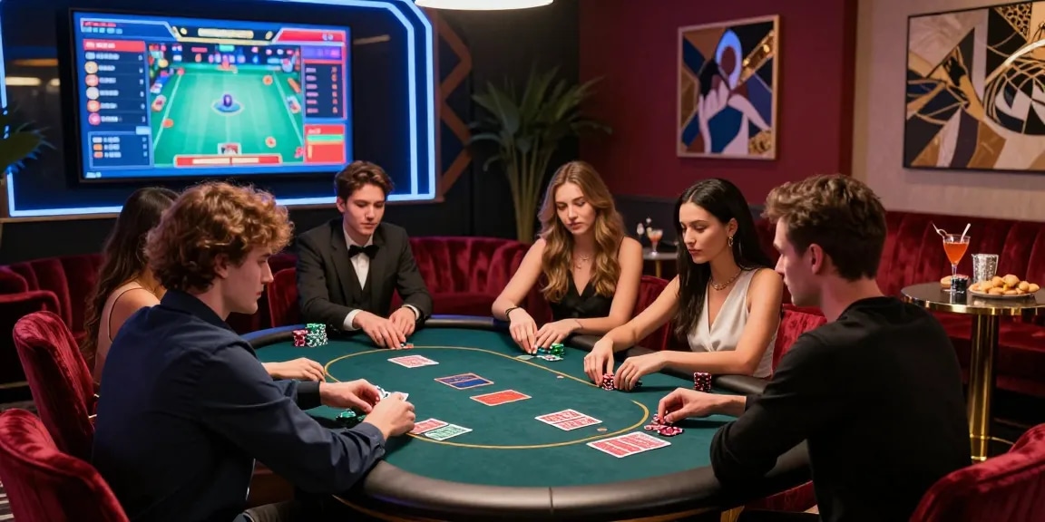 Exciting luxury gaming experience featuring young adults enjoying iwin games around a stylish table.