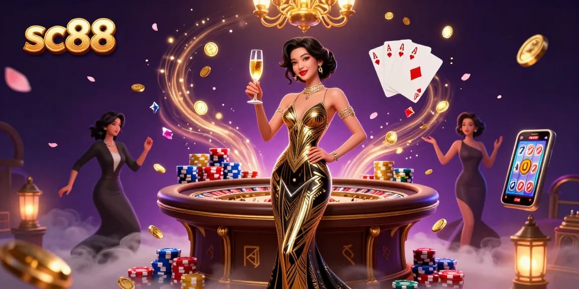 Experience casino excitement at sc88 with vibrant 3D illustration of gaming elements and golden rewards.