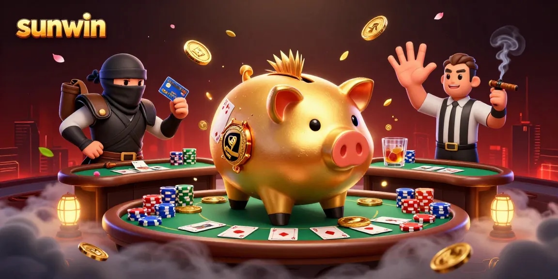 sunwin gamifies poker with a lively scene of animated characters, celebrating wins with coins