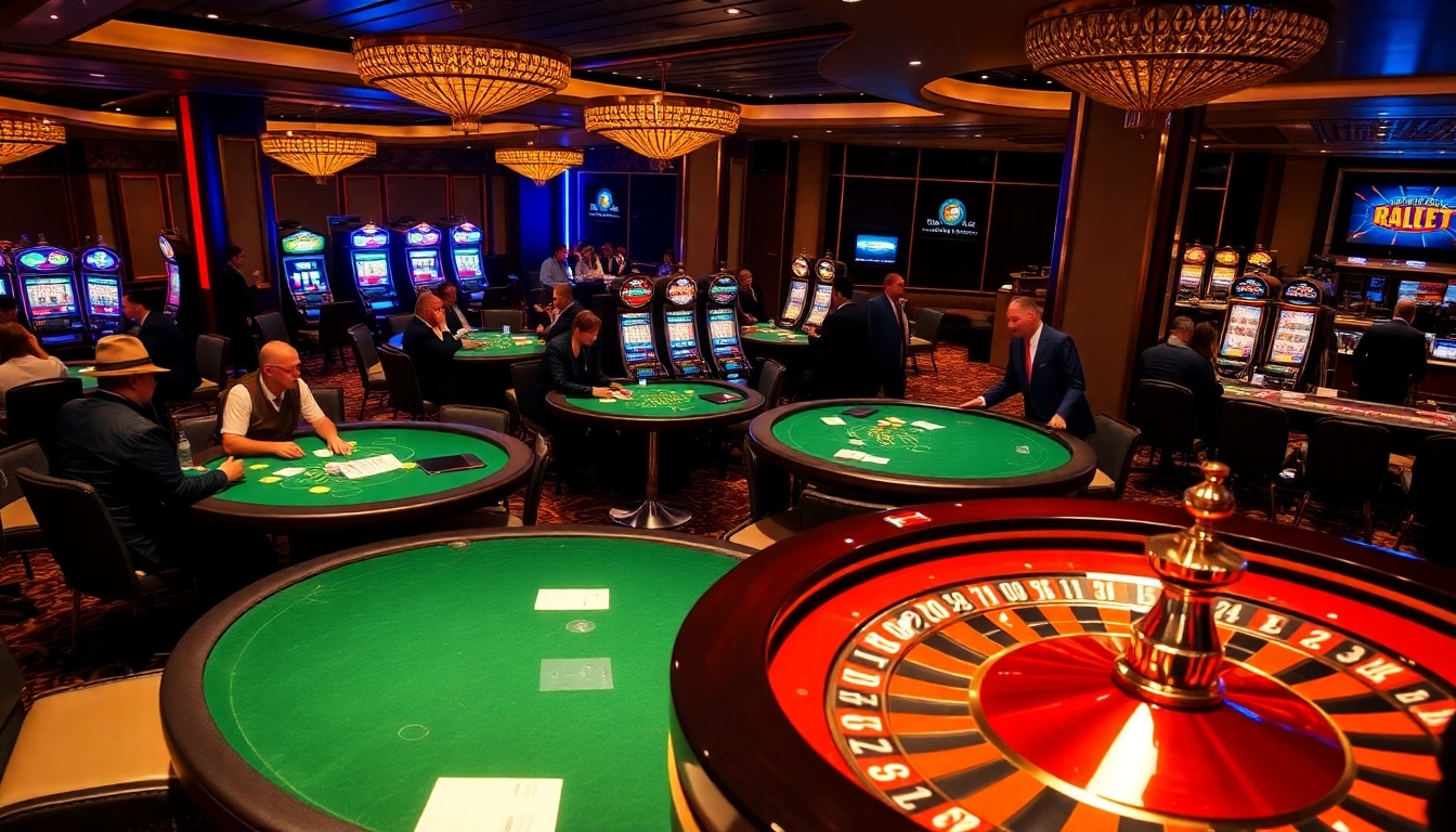 Players enjoying thrilling games at the 6FF casino with vibrant poker tables and inviting slot machines.