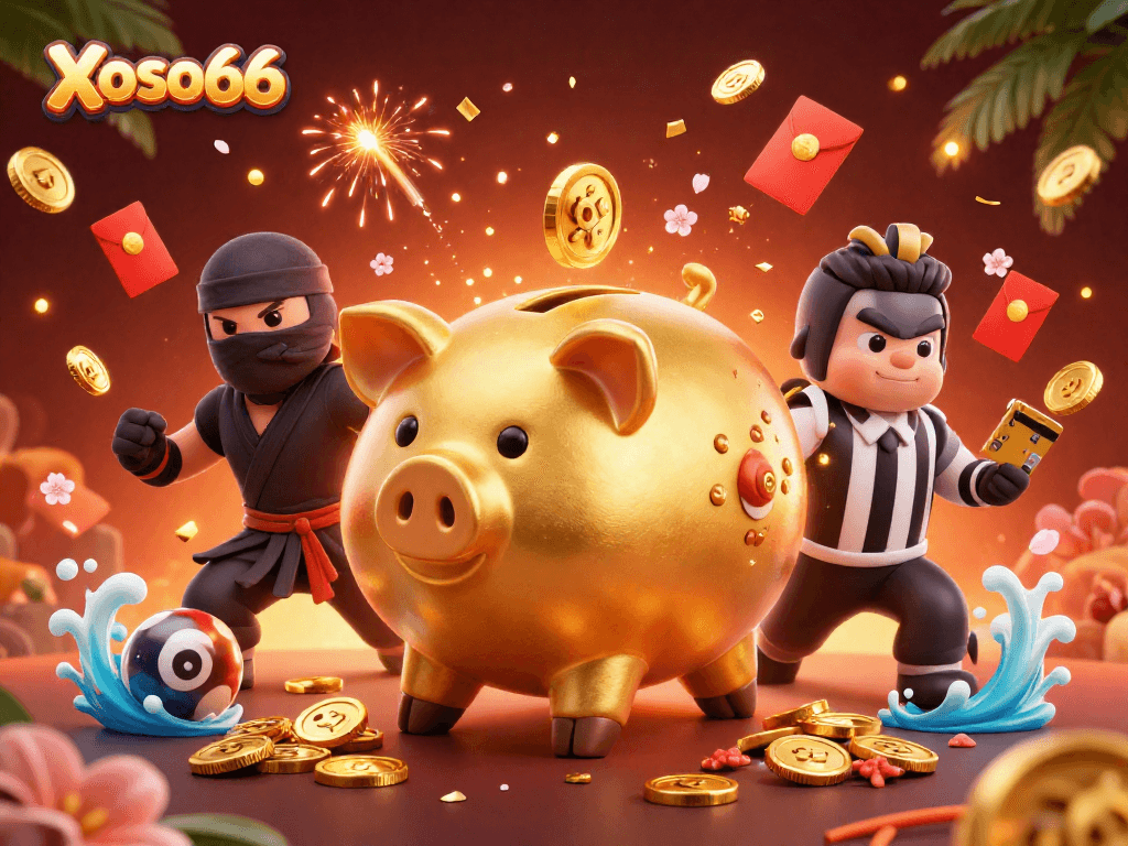 Xoso66 engages players in thrilling lottery excitement with golden piggy bank sumo wrestler and fireworks.