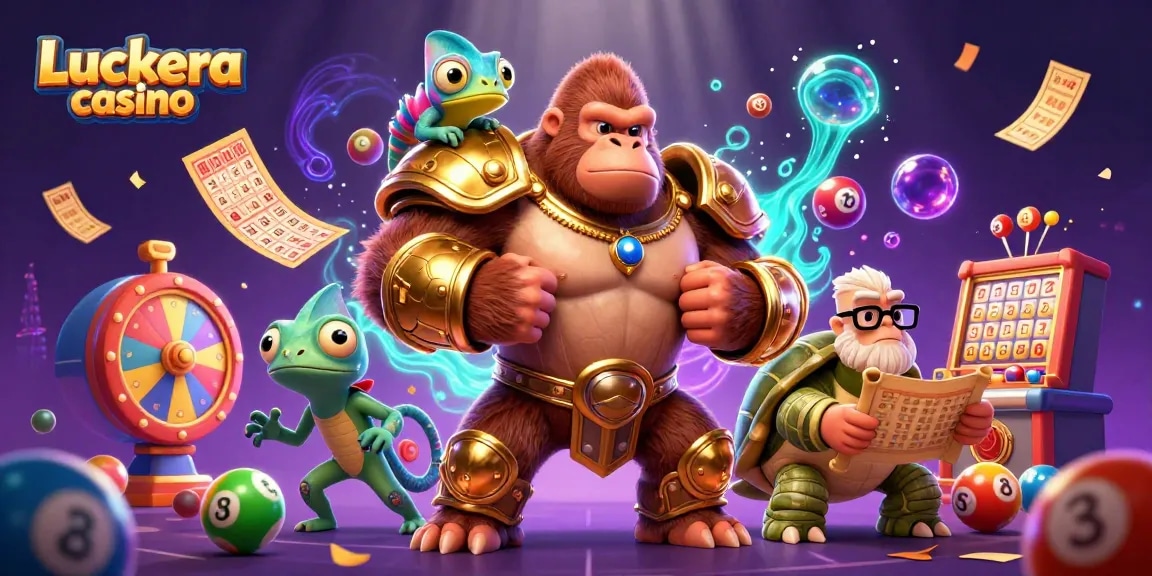Experience thrilling games at Luckera casino with a dynamic 3D illustration showcasing a colorful casino scene.