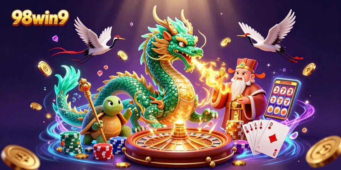 Spin the reels and win at 98win9 with vibrant casino elements and golden magic!