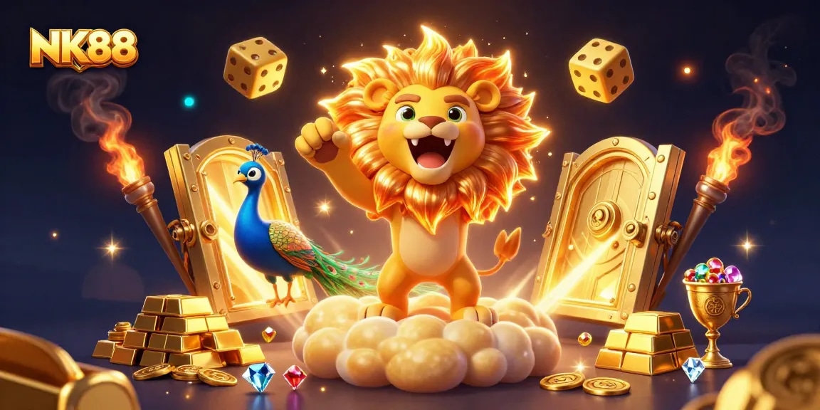 Win big with NK88's exciting casino universe featuring dynamic golden treasures and joyful characters.