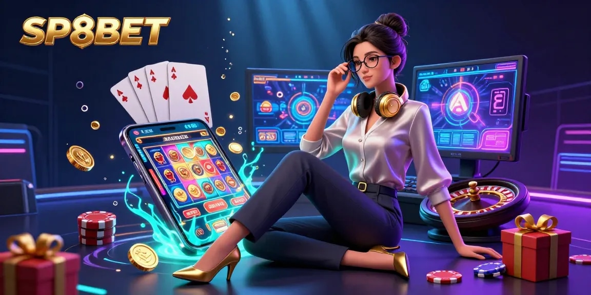Experience excitement with SP8BET: A vibrant gaming scene featuring a professional gamer surrounded by casino games.
