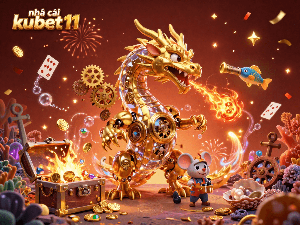 Experience the excitement of nhà cái kubet11 with a golden dragon breathing gears, immersive casino elements, and a fun atmosphere.