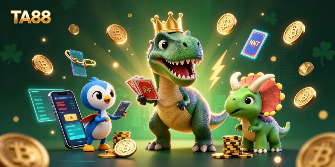 TA88 showcases a colorful 3D scene with cartoon dinosaurs playing cards and stacking chips.