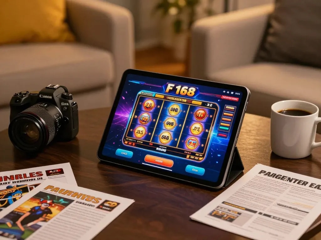 Engaging online gaming moment at F 168 featuring a cozy setup with tablet displaying games