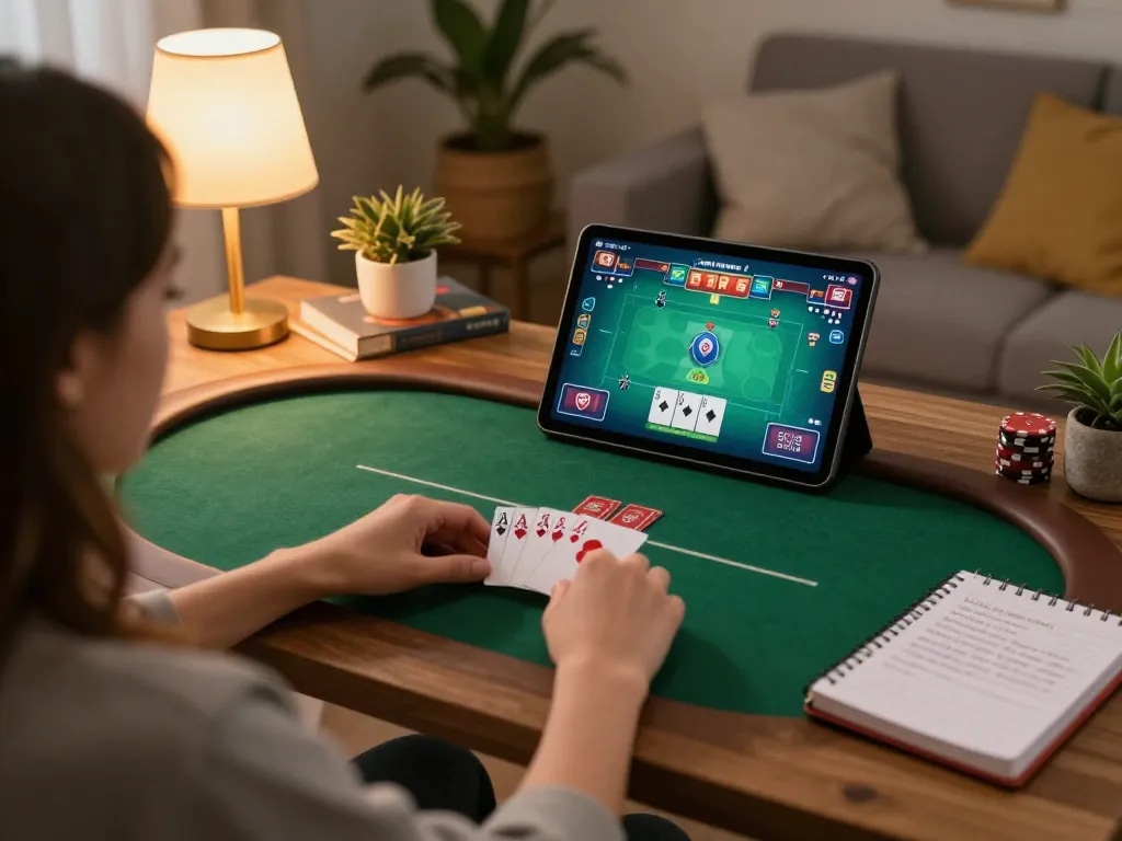 Engaging in god55 online poker game on a tablet, showcasing gameplay with strategic notes in cozy home
