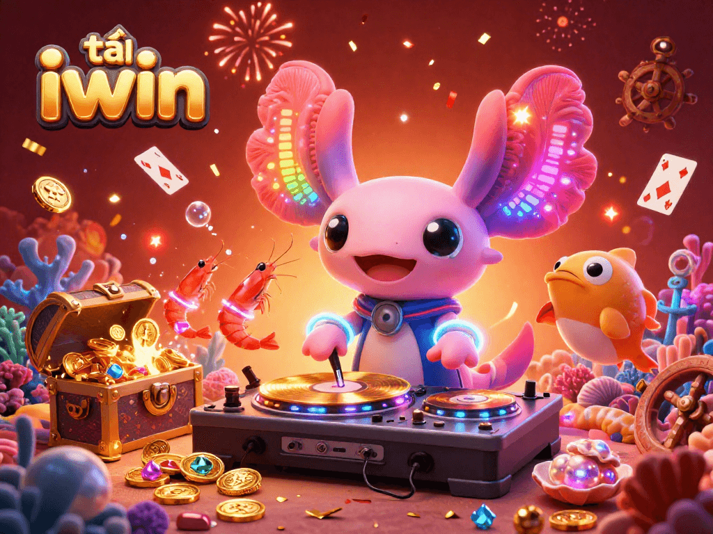 Spin to win with tải iwin as a neon axolotl DJ and lively underwater creatures!