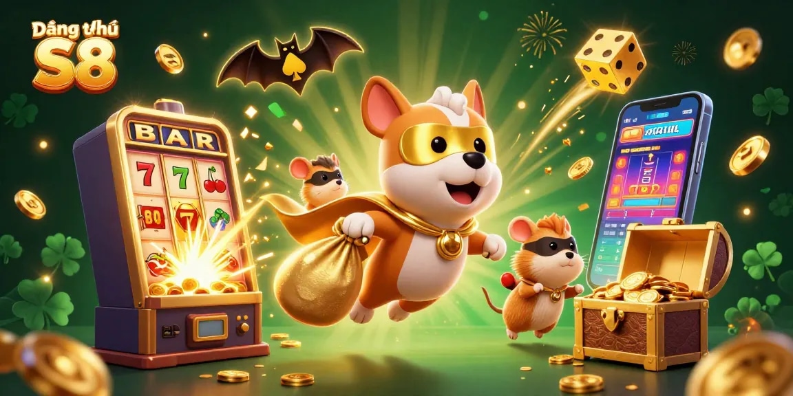 Experience the thrill of Đăng ký S8 with a superhero dog delivering gold coins amidst vibrant casino elements.